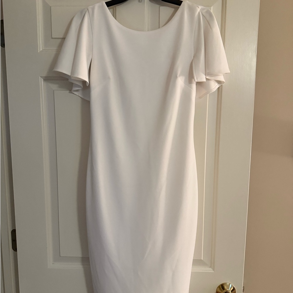 Calvin Klein White Sheath Midi Dress with Flutter Sleeves